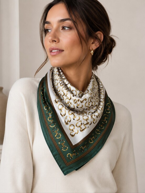 Accessories - Equestrian Print Silk-Style Scarf in Green, White & Gold